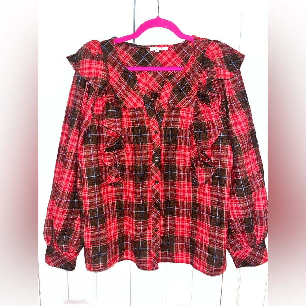 Entro Women's Ruffle Plaid Long Sleeve Blouse Top